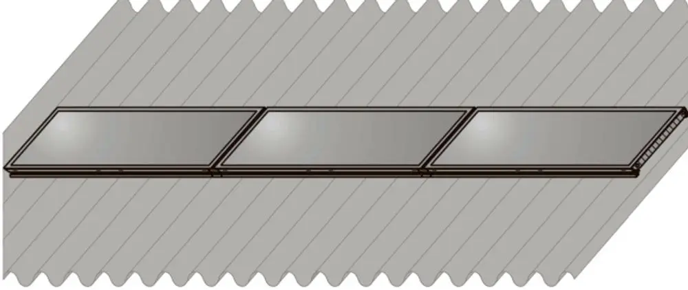 Montageanordnung für Solarkollektoren auf einem Wellblechdach, dargestellt in einem schematischen Diagramm. Produkt umfasst Alu-Elemente von Wolf für eine stabile Installation.